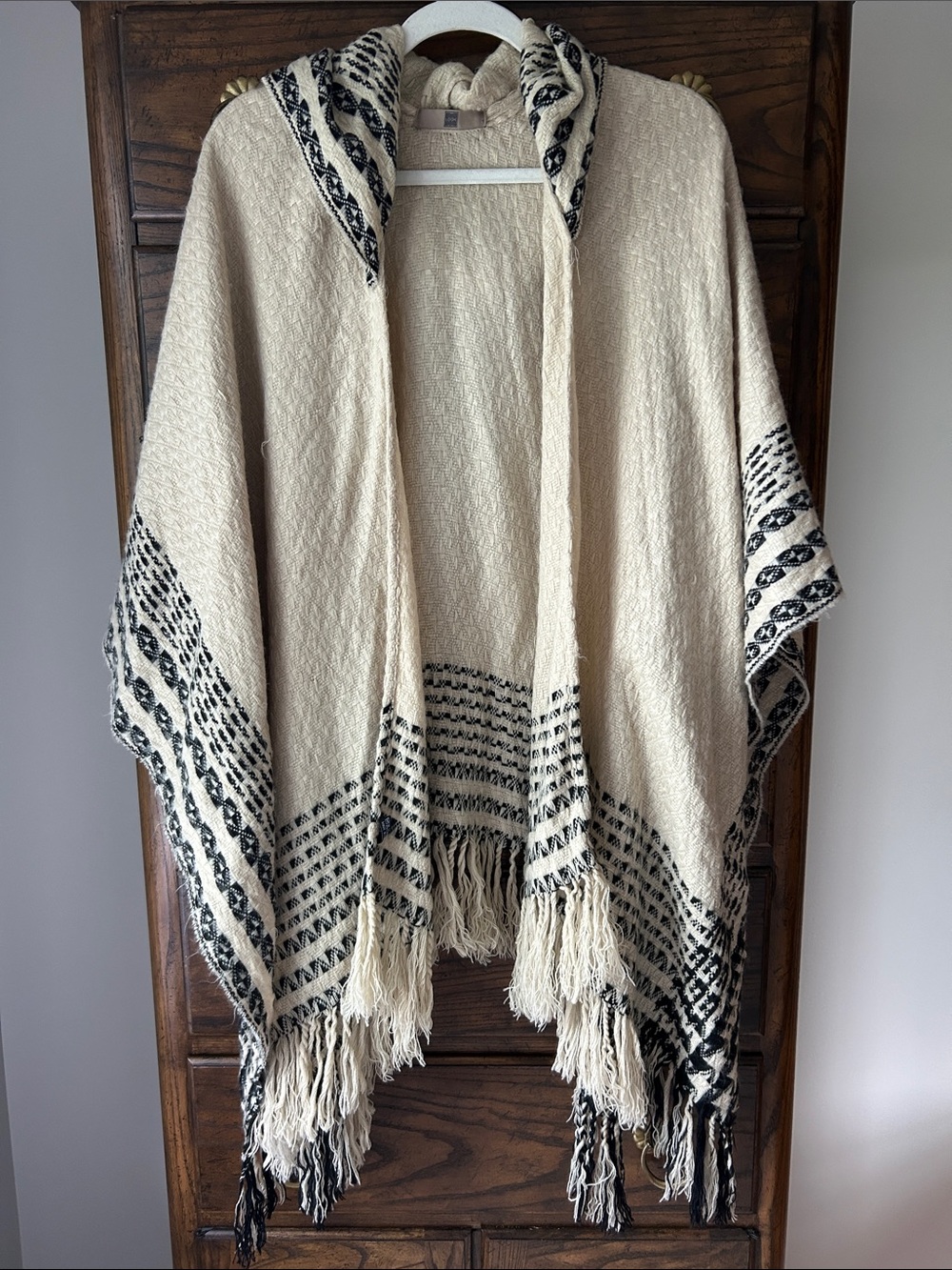 Women’s Cream and Black Hooded Fringe Poncho Wrap by LOOK
